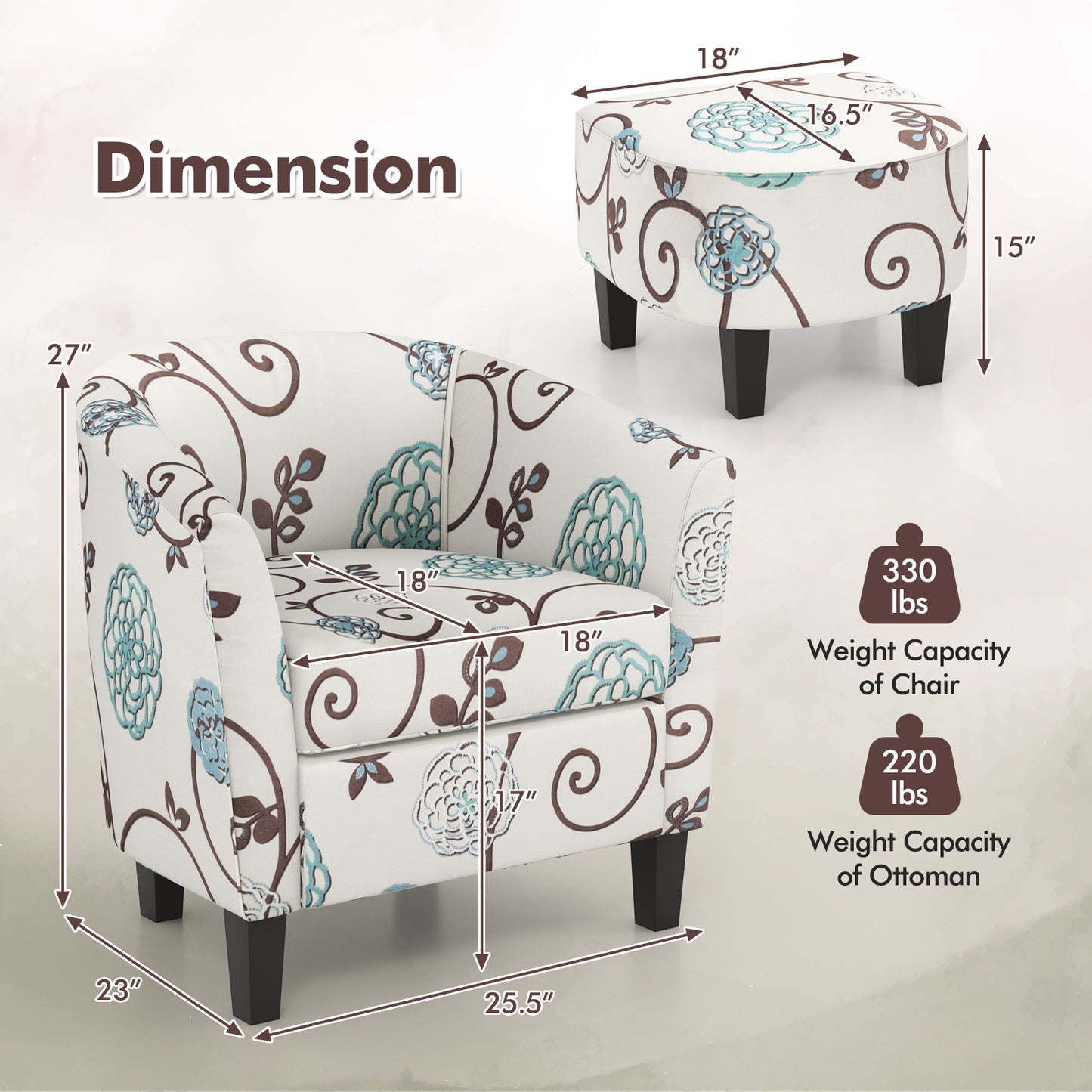 Contemporary Accent Chair with Ottoman and Cushioned Seat in Soft Fabric
