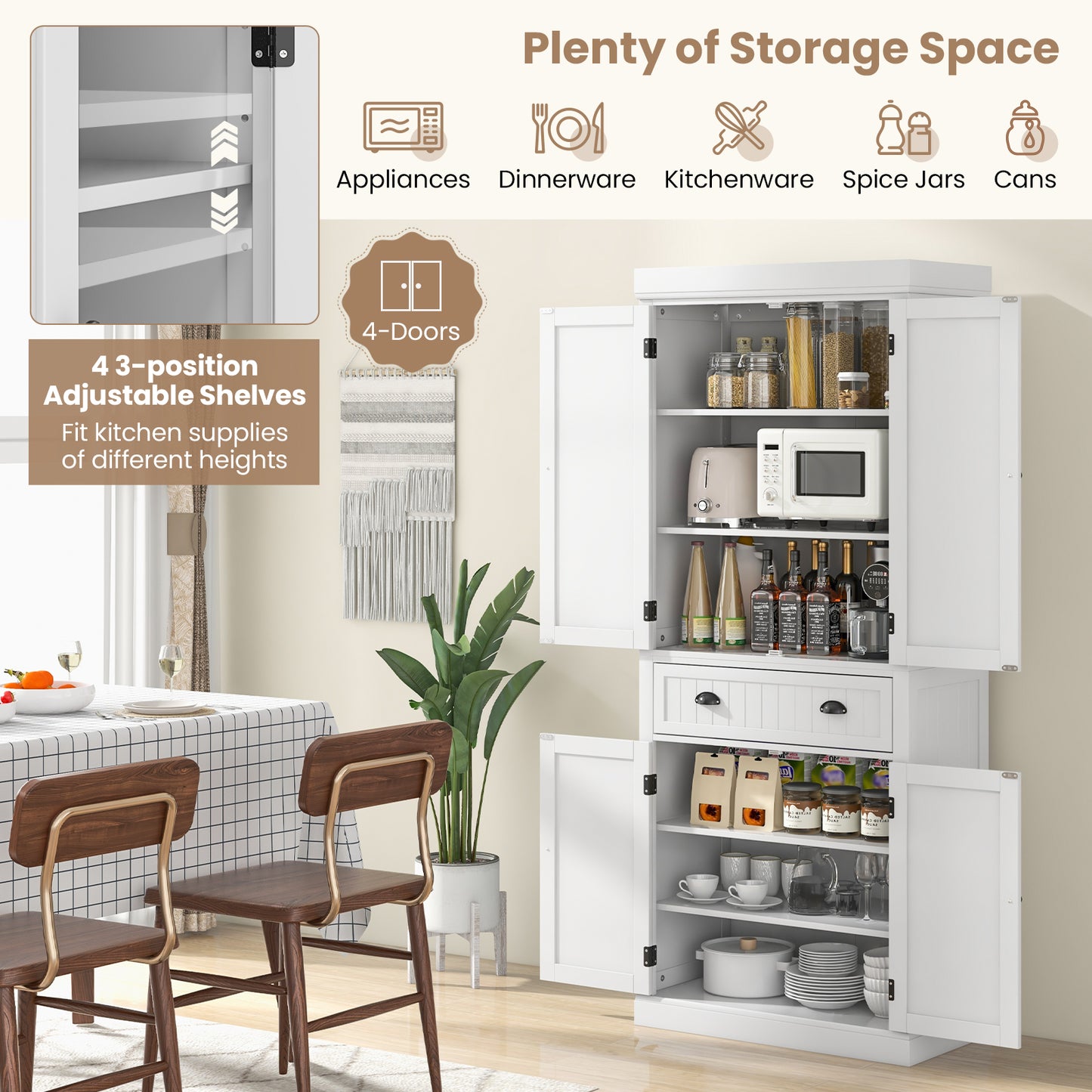 4 Door Freestanding Pantry Cabinet with Adjustable Shelves, Large Drawer, and Modern Design - White