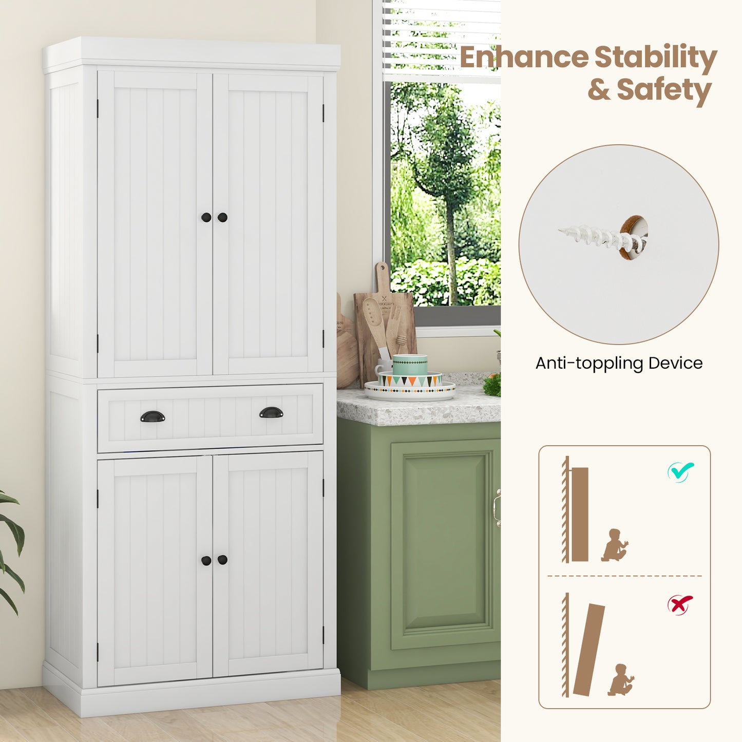 4 Door Freestanding Pantry Cabinet with Adjustable Shelves, Large Drawer, and Modern Design - White