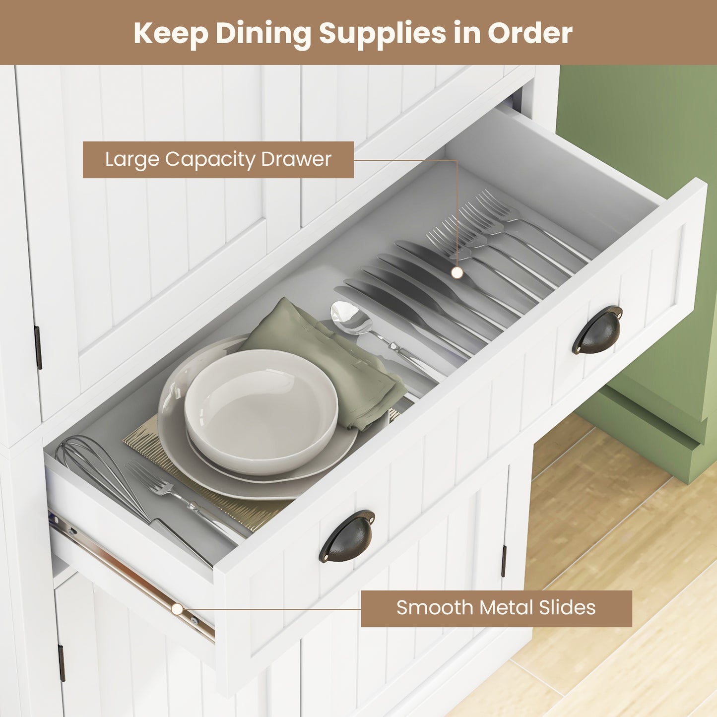 4 Door Freestanding Pantry Cabinet with Adjustable Shelves, Large Drawer, and Modern Design - White
