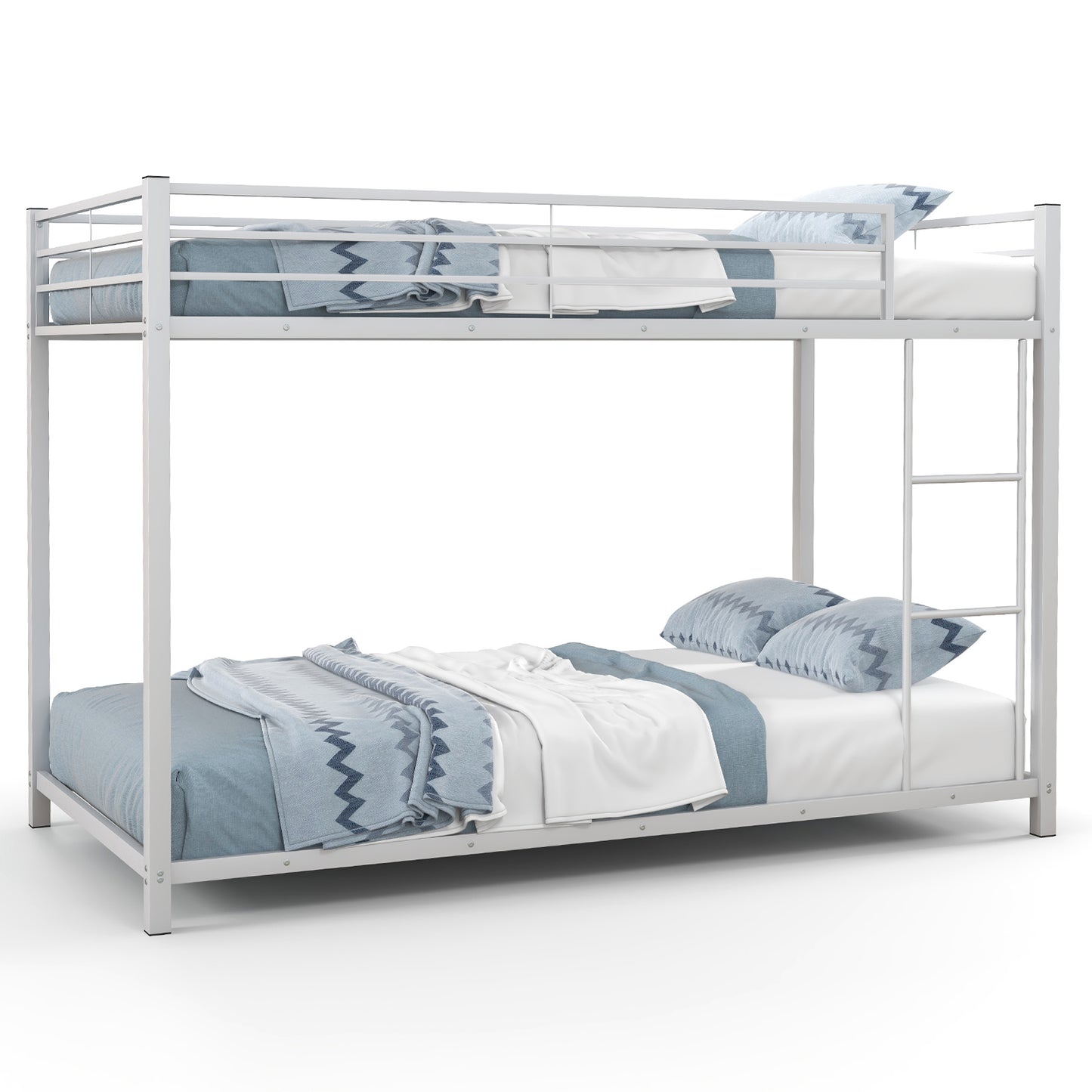 Durable Low Profile Twin Over Twin Metal Bunk Bed with Safety Guardrails - White