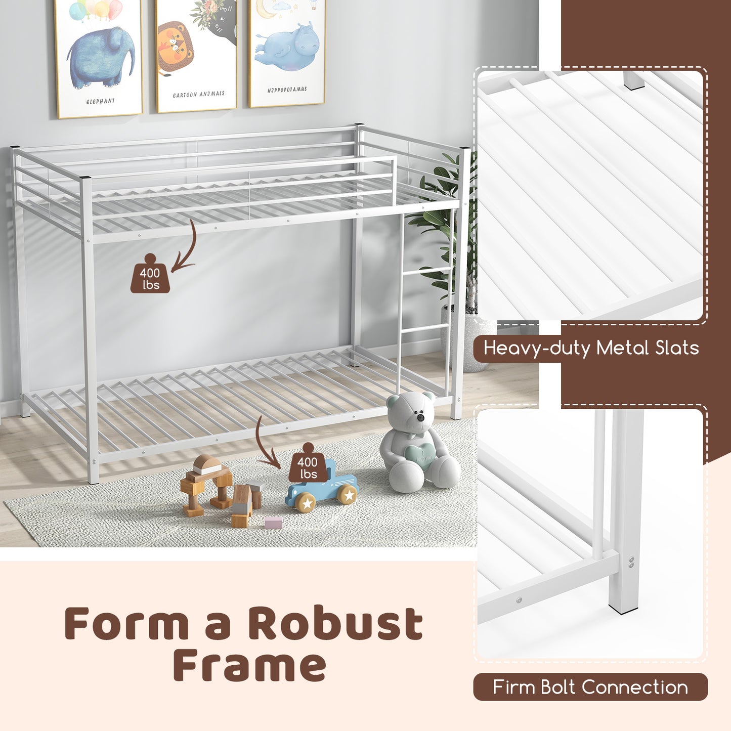 Durable Low Profile Twin Over Twin Metal Bunk Bed with Safety Guardrails - White