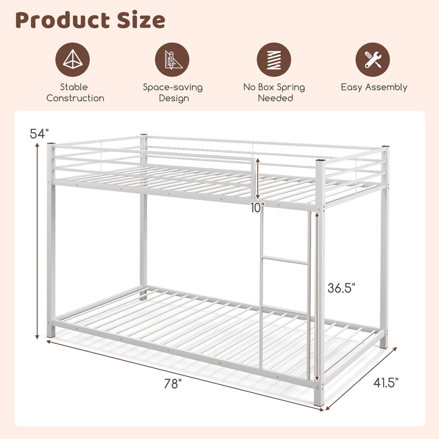 Durable Low Profile Twin Over Twin Metal Bunk Bed with Safety Guardrails - White
