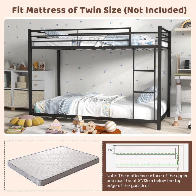 Durable Low Profile Twin Over Twin Metal Bunk Bed with Safety Guardrails - Black