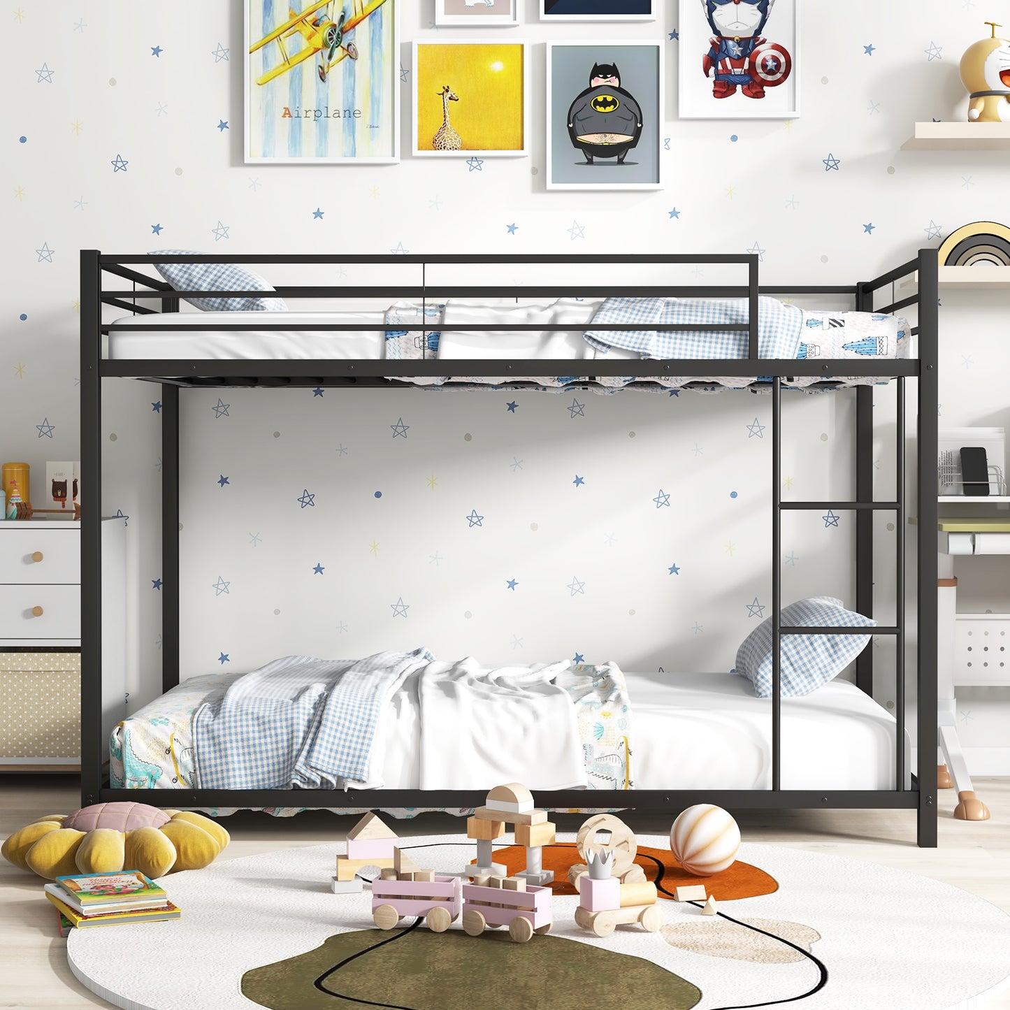 Durable Low Profile Twin Over Twin Metal Bunk Bed with Safety Guardrails - Black