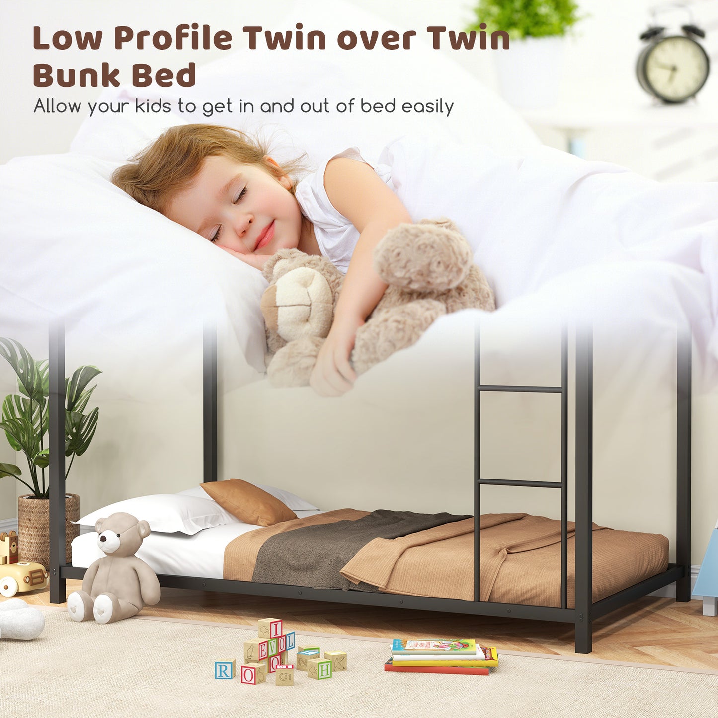 Durable Low Profile Twin Over Twin Metal Bunk Bed with Safety Guardrails - Black