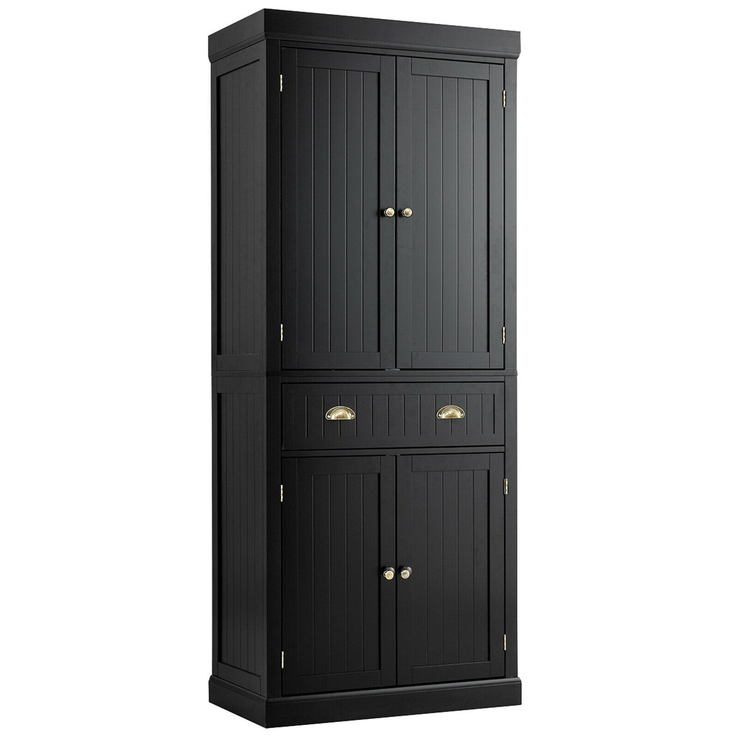 4 Door Freestanding Pantry Cabinet with Adjustable Shelves, Large Drawer, and Modern Design - Black