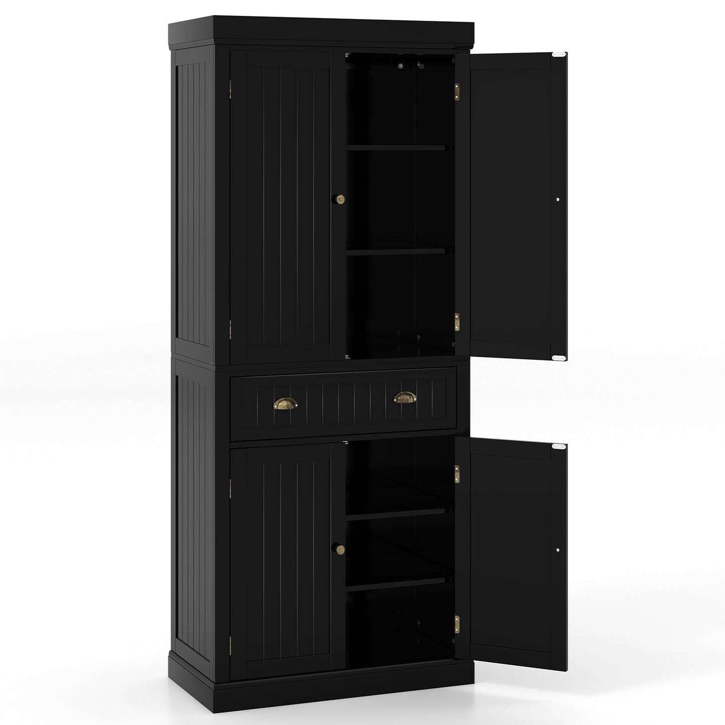 4 Door Freestanding Pantry Cabinet with Adjustable Shelves, Large Drawer, and Modern Design - Black