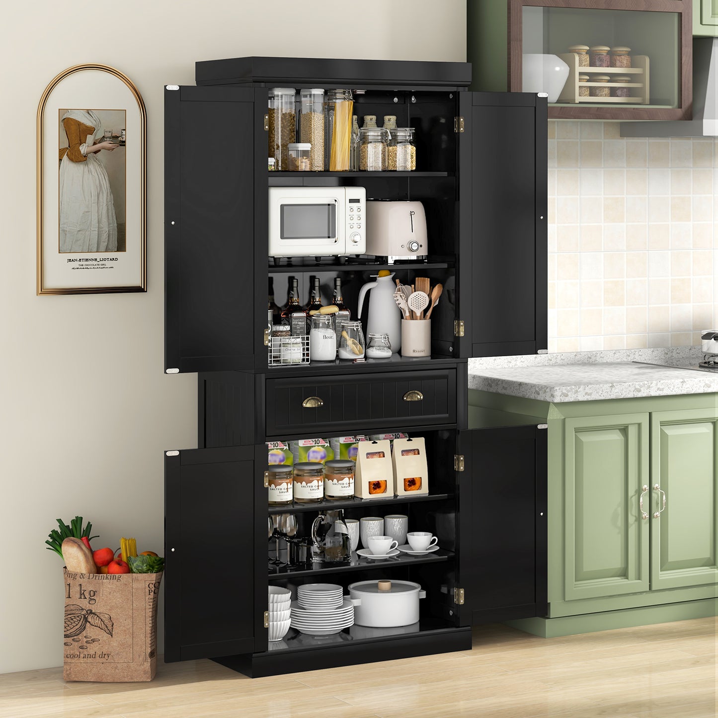 4 Door Freestanding Pantry Cabinet with Adjustable Shelves, Large Drawer, and Modern Design - Black