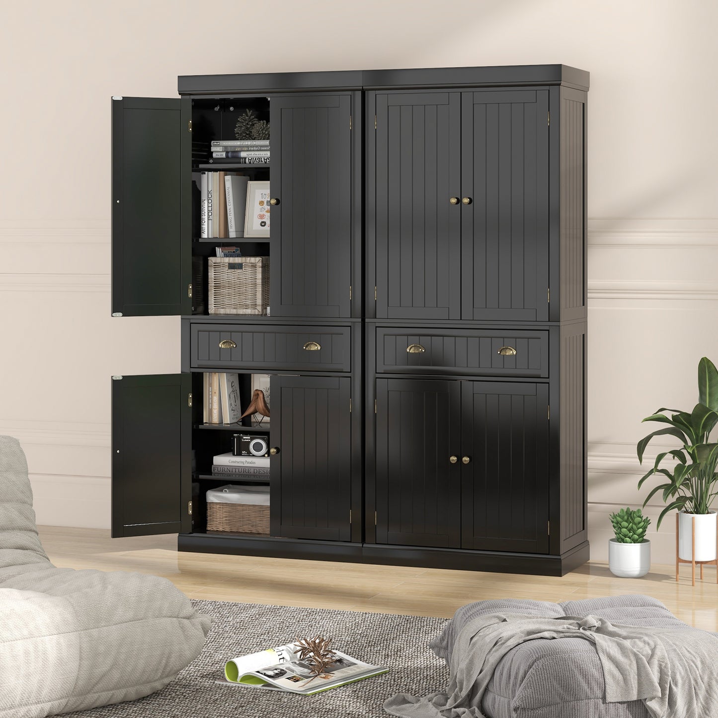 4 Door Freestanding Pantry Cabinet with Adjustable Shelves, Large Drawer, and Modern Design - Black