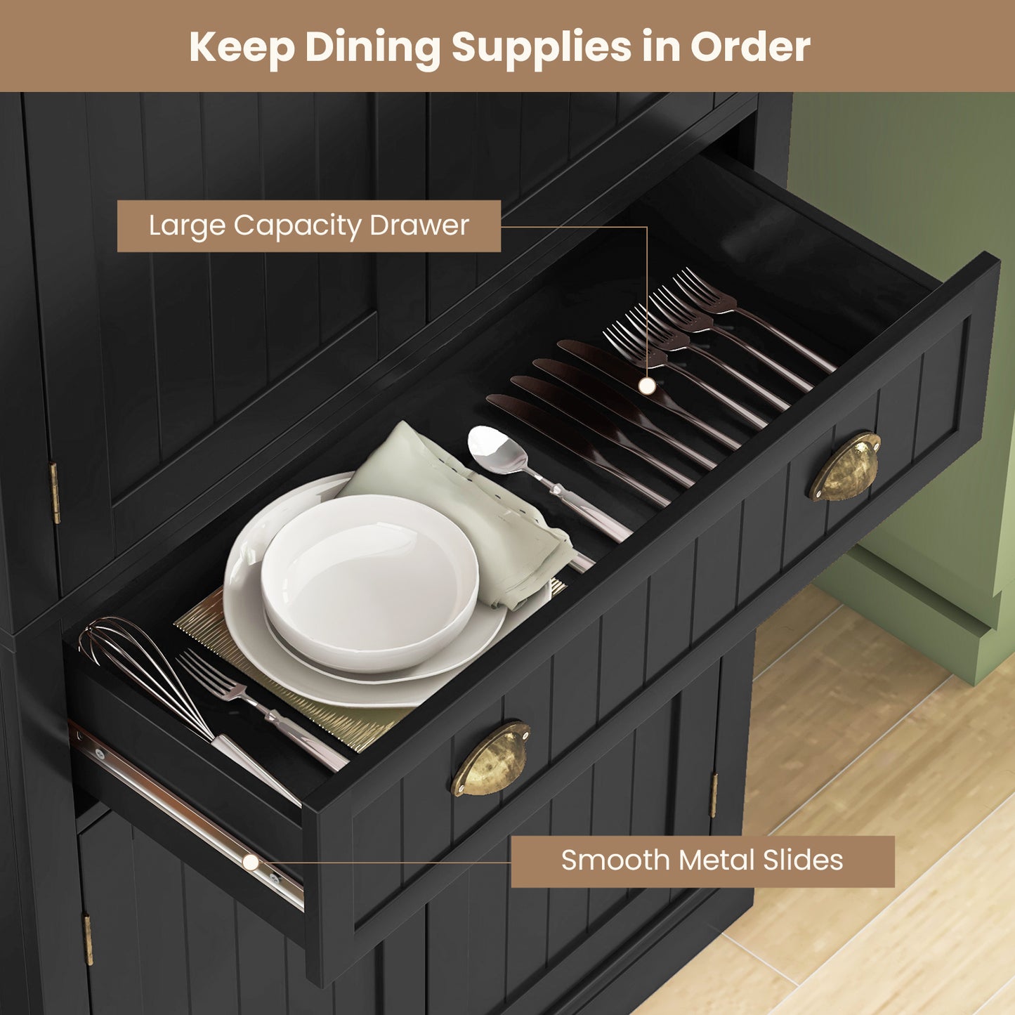 4 Door Freestanding Pantry Cabinet with Adjustable Shelves, Large Drawer, and Modern Design - Black