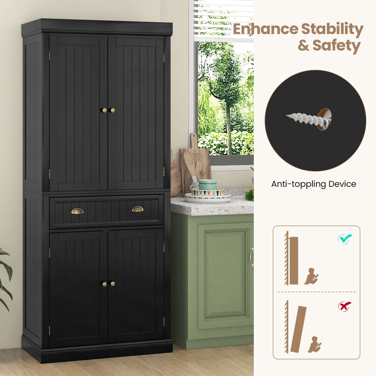 4 Door Freestanding Pantry Cabinet with Adjustable Shelves, Large Drawer, and Modern Design - Black