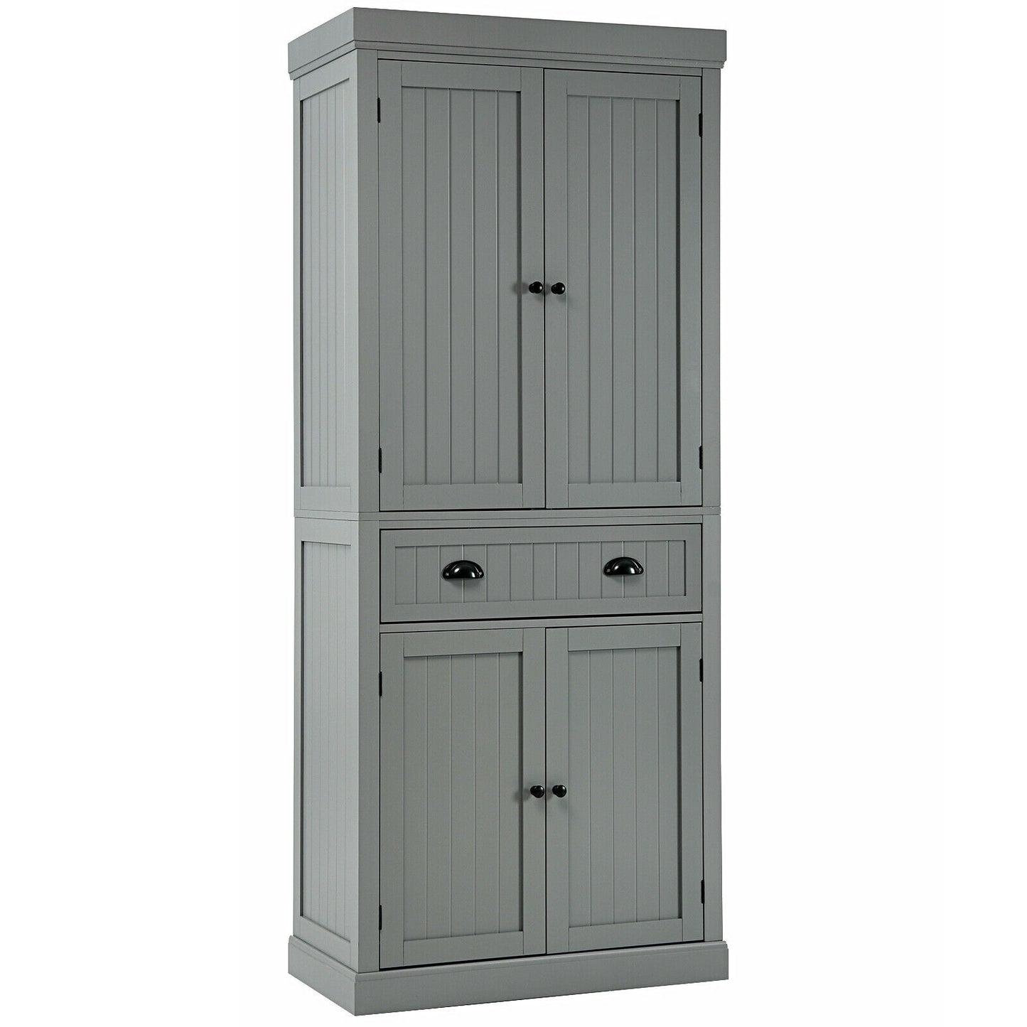 4 Door Freestanding Pantry Cabinet with Adjustable Shelves, Large Drawer, and Modern Design - Grey