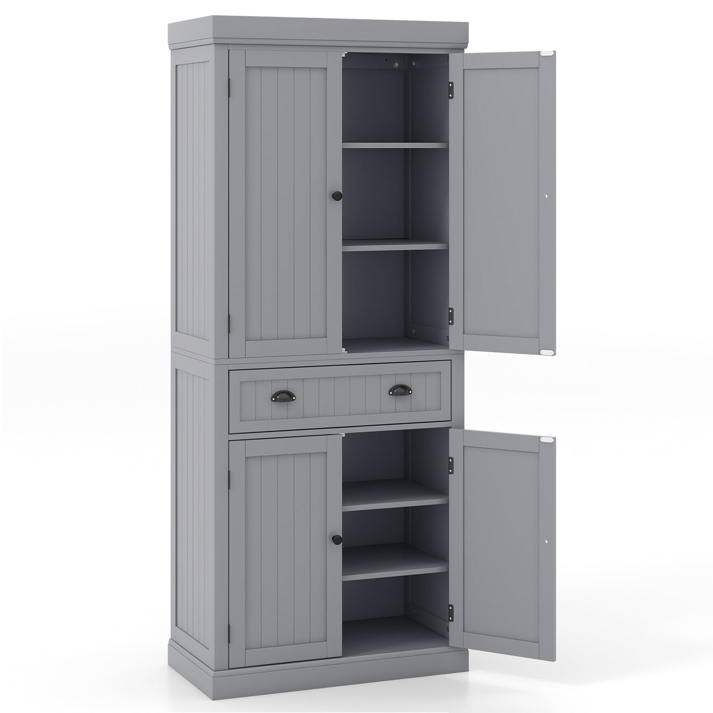 4 Door Freestanding Pantry Cabinet with Adjustable Shelves, Large Drawer, and Modern Design - Grey