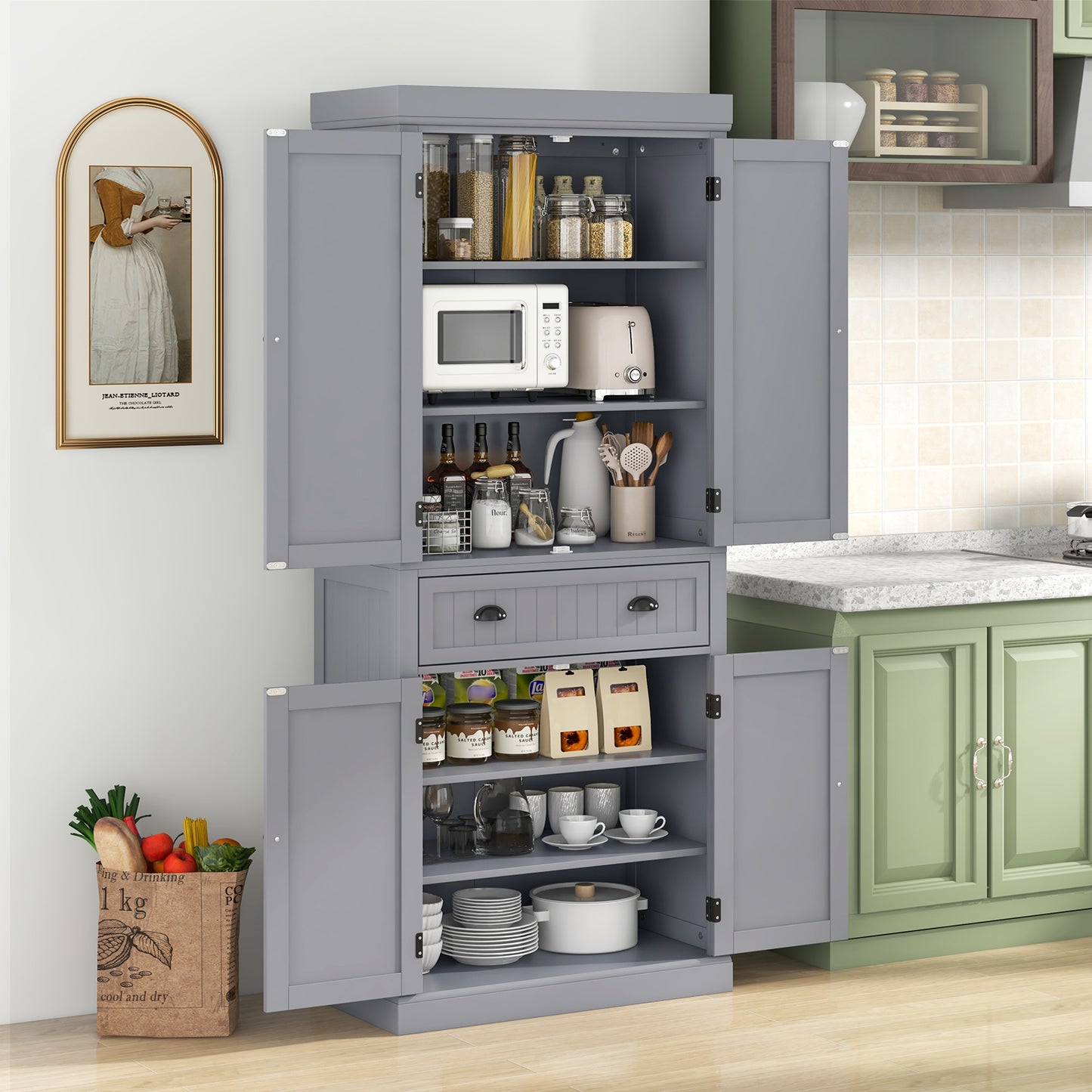 4 Door Freestanding Pantry Cabinet with Adjustable Shelves, Large Drawer, and Modern Design - Grey