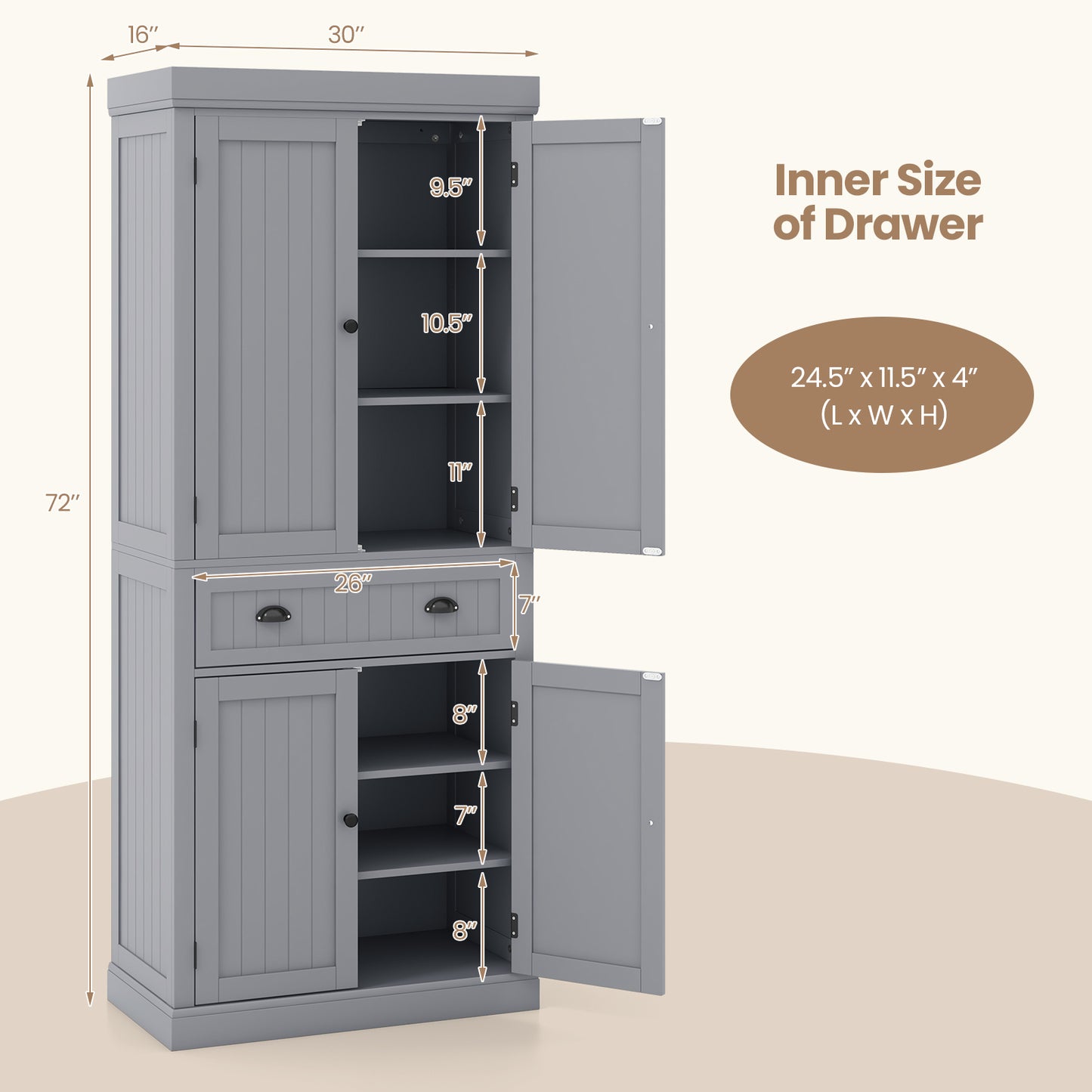 4 Door Freestanding Pantry Cabinet with Adjustable Shelves, Large Drawer, and Modern Design - Grey