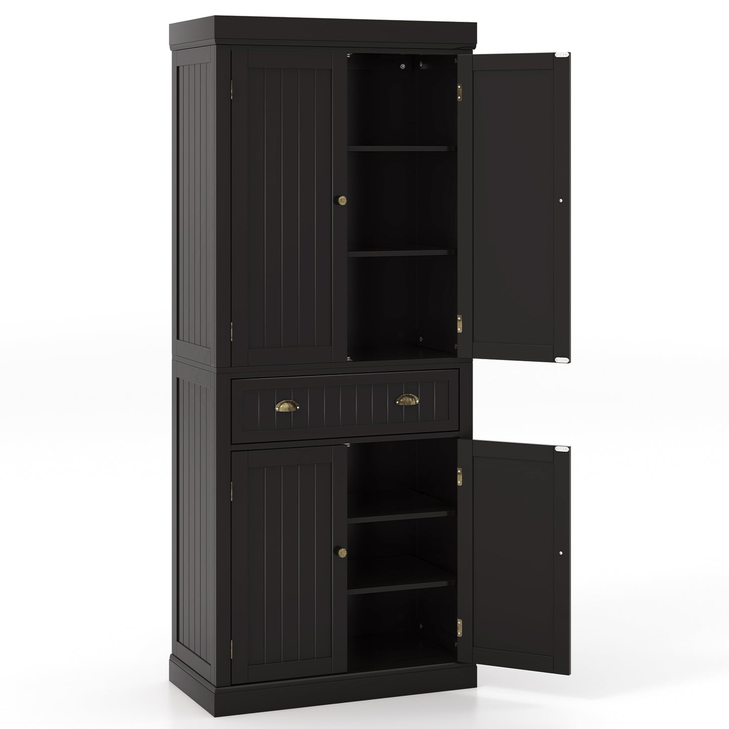 4 Door Freestanding Pantry Cabinet with Adjustable Shelves, Large Drawer, and Modern Design - Dark Brown