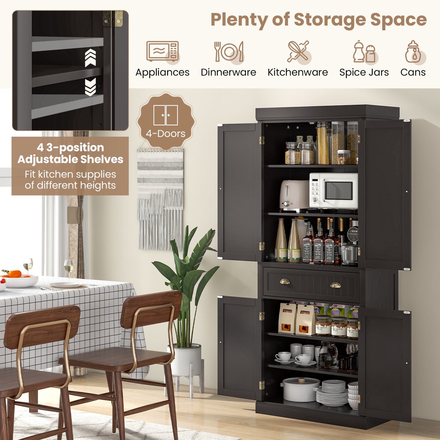 4 Door Freestanding Pantry Cabinet with Adjustable Shelves, Large Drawer, and Modern Design - Dark Brown