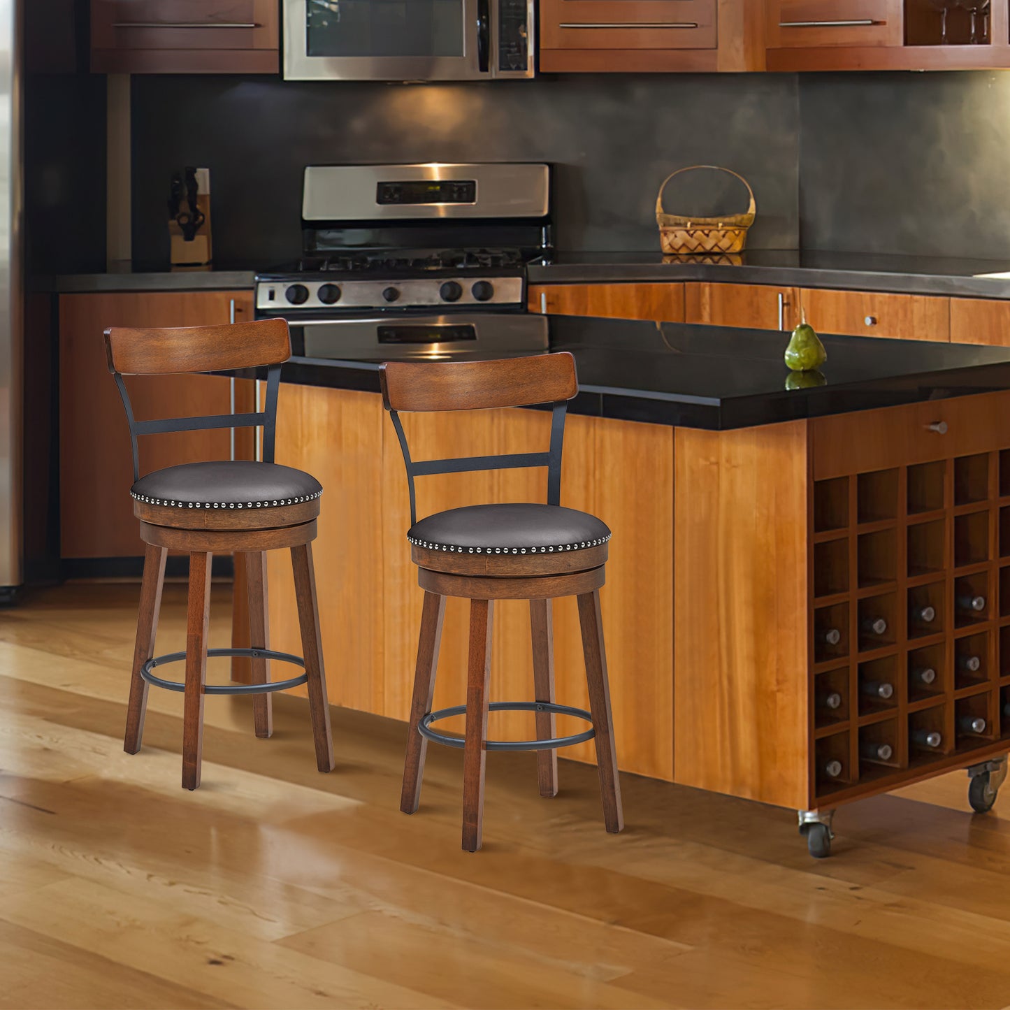 Set of 2 Swivel Counter Height Bar Stools 25.5 Inch with Ergonomic Backrest and PU Leather Seat