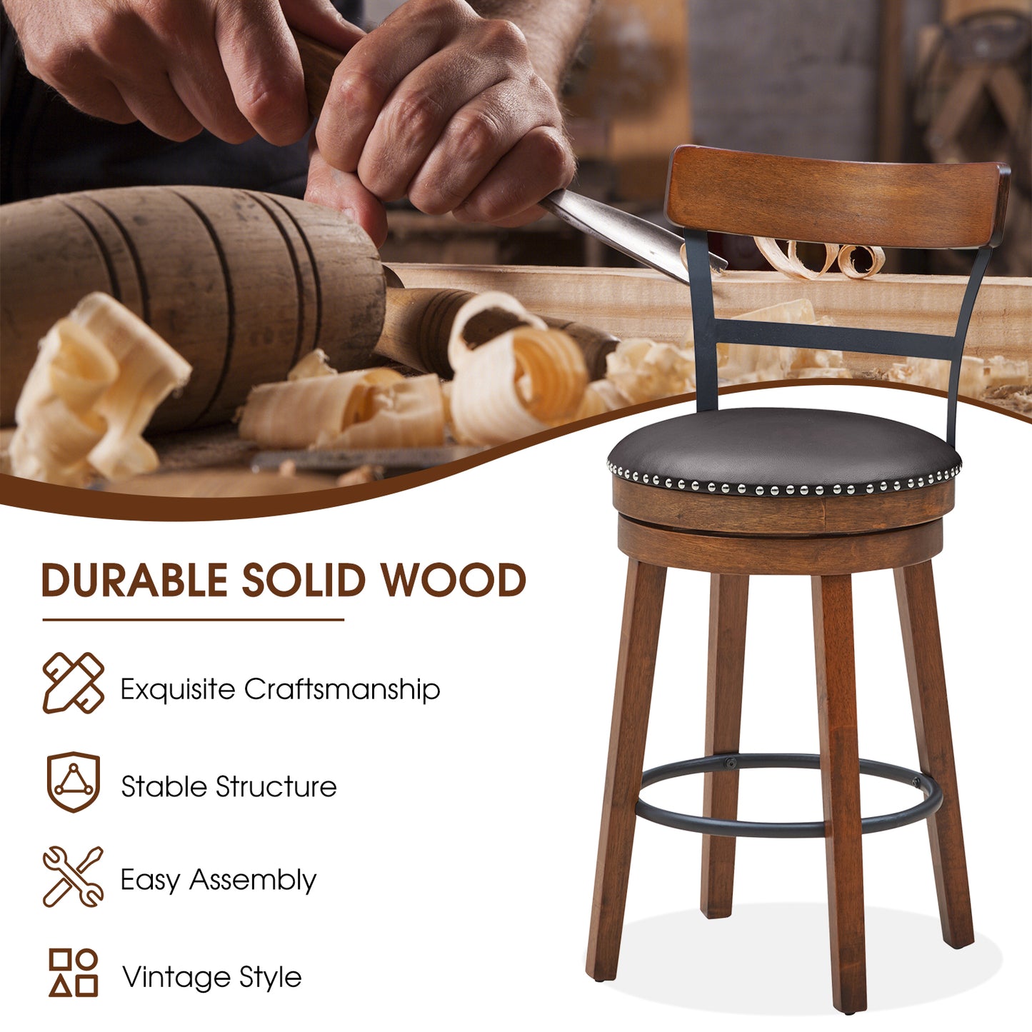 Set of 2 Swivel Counter Height Bar Stools 25.5 Inch with Ergonomic Backrest and PU Leather Seat