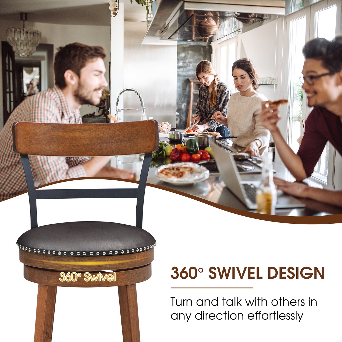 Set of 2 Swivel Counter Height Bar Stools 25.5 Inch with Ergonomic Backrest and PU Leather Seat
