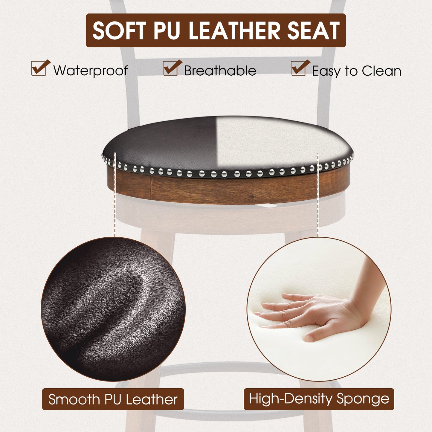 Set of 2 Swivel Counter Height Bar Stools 25.5 Inch with Ergonomic Backrest and PU Leather Seat