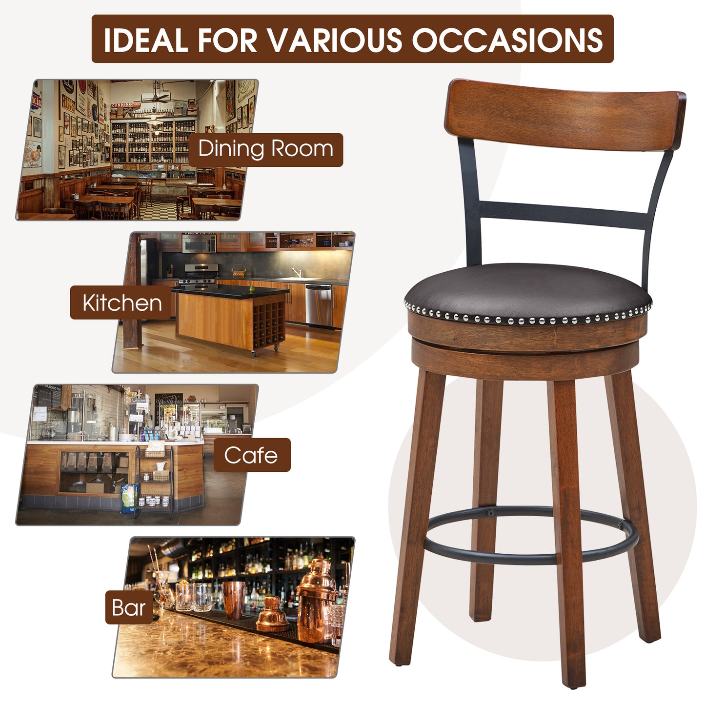 Set of 2 Swivel Counter Height Bar Stools 25.5 Inch with Ergonomic Backrest and PU Leather Seat