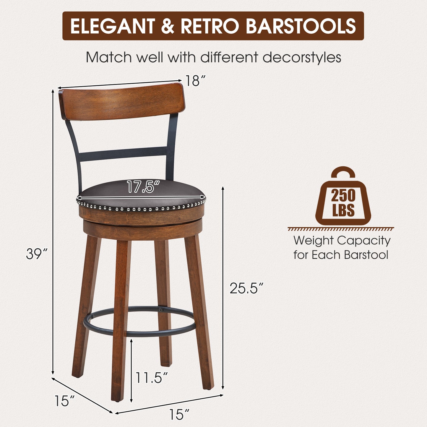 Set of 2 Swivel Counter Height Bar Stools 25.5 Inch with Ergonomic Backrest and PU Leather Seat