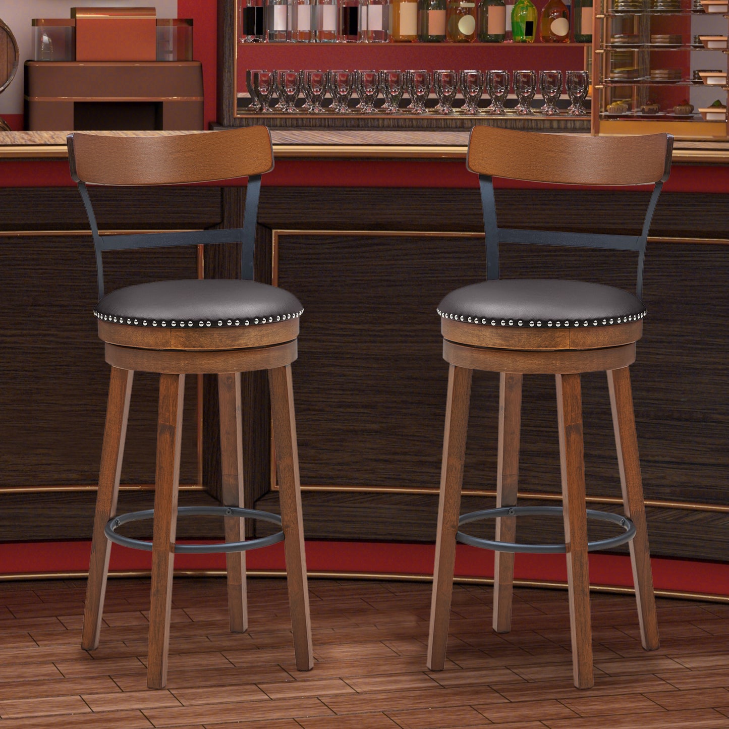 Set of 2 Swivel Counter Height Bar Stools 30.5 Inch with Ergonomic Backrest and PU Leather Seat