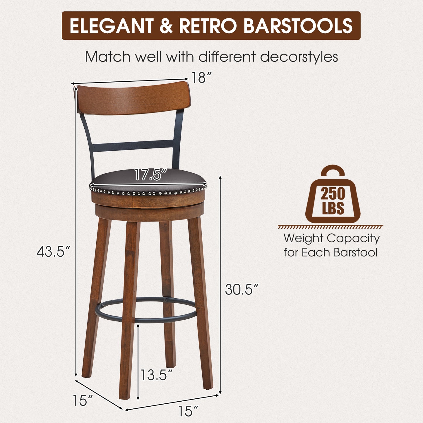 Set of 2 Swivel Counter Height Bar Stools 30.5 Inch with Ergonomic Backrest and PU Leather Seat