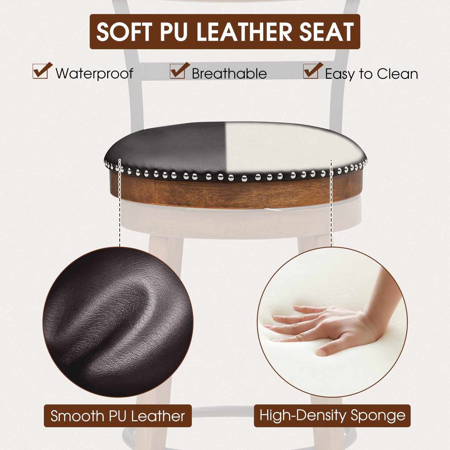 Set of 2 Swivel Counter Height Bar Stools 30.5 Inch with Ergonomic Backrest and PU Leather Seat