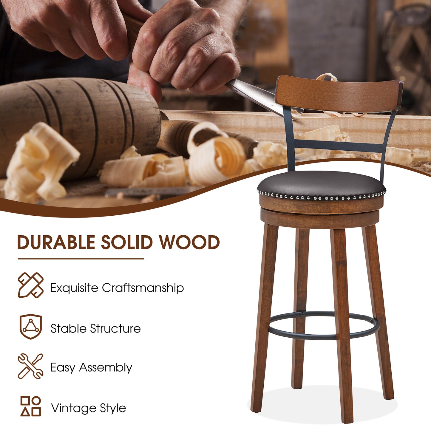 Set of 2 Swivel Counter Height Bar Stools 30.5 Inch with Ergonomic Backrest and PU Leather Seat