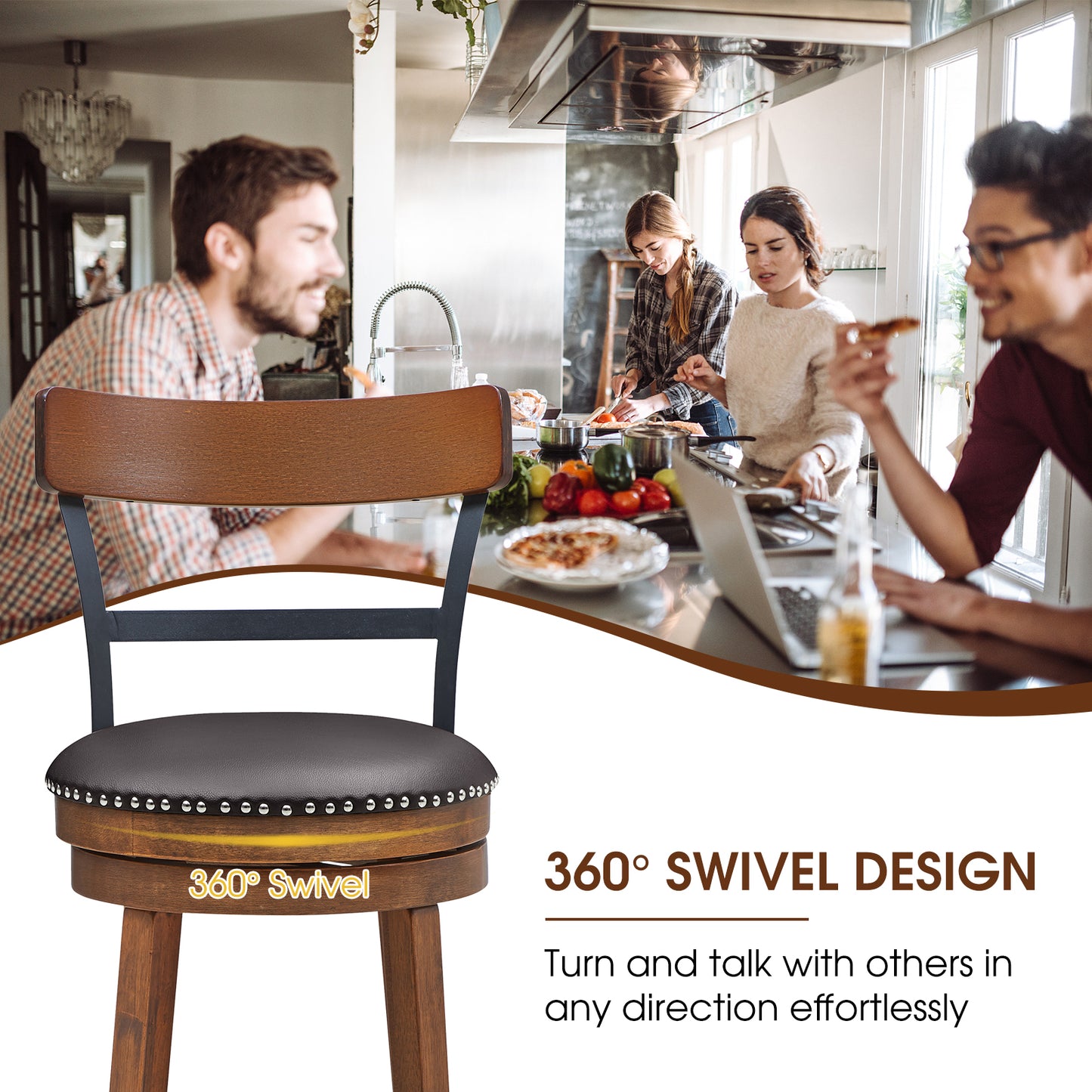 Set of 2 Swivel Counter Height Bar Stools 30.5 Inch with Ergonomic Backrest and PU Leather Seat