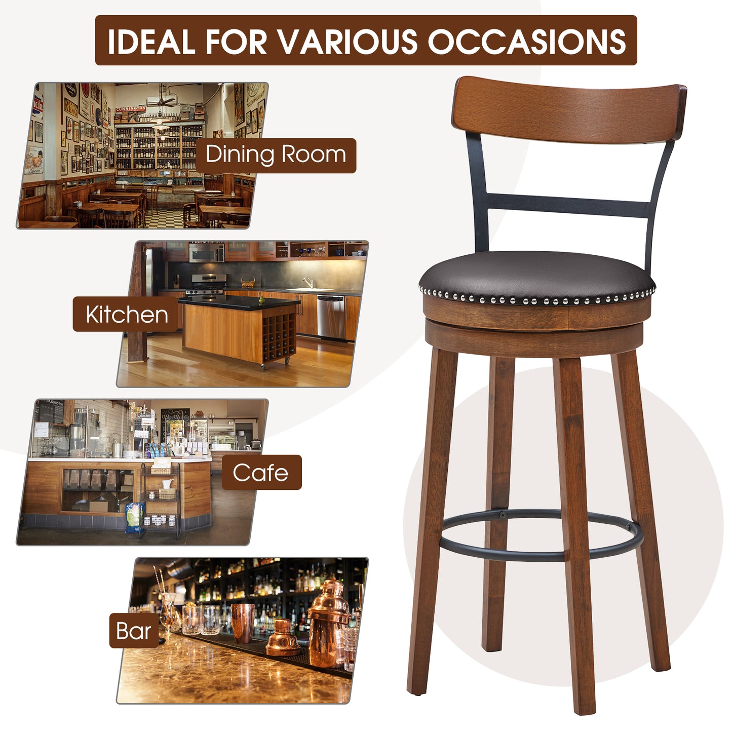 Set of 2 Swivel Counter Height Bar Stools 30.5 Inch with Ergonomic Backrest and PU Leather Seat