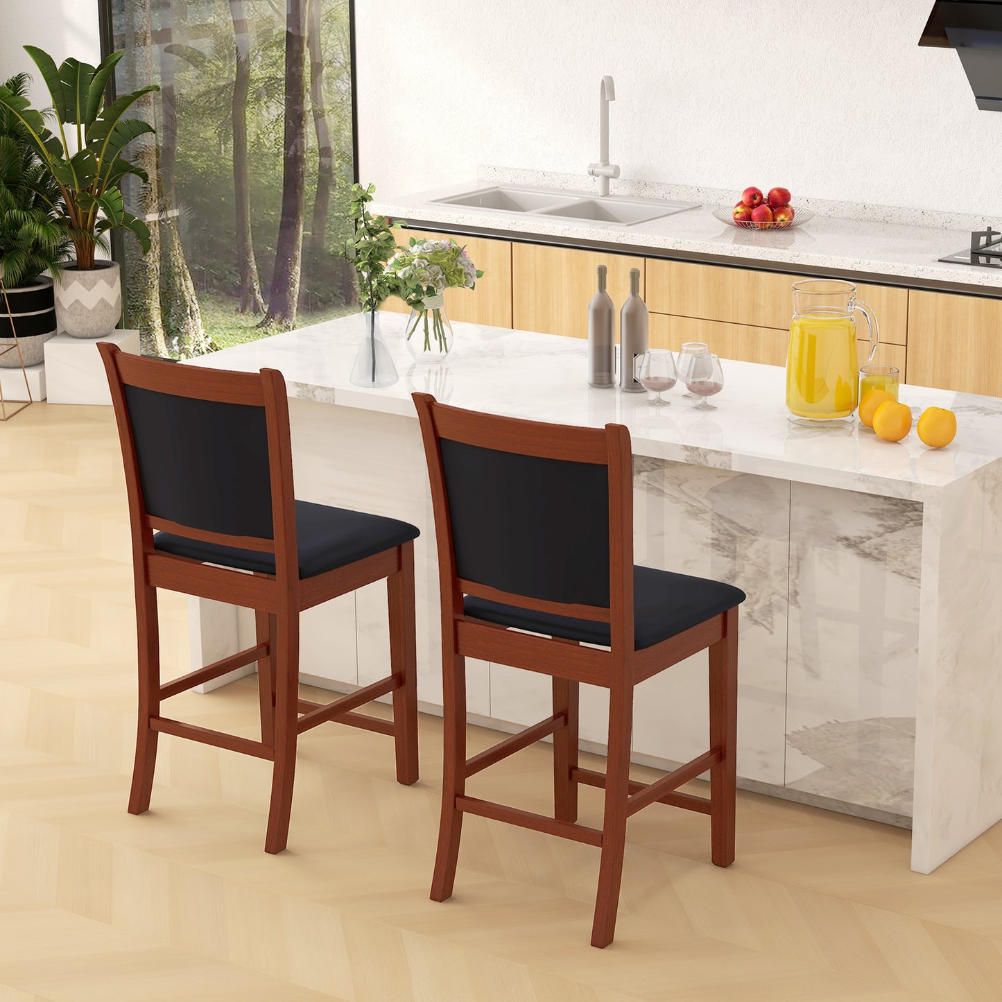 Counter Height Upholstered Bar Stools Set of 2 with Cushioned Seat and Solid Rubber Wood Frame