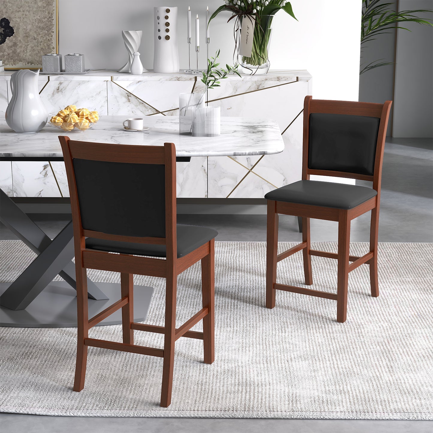 Counter Height Upholstered Bar Stools Set of 2 with Cushioned Seat and Solid Rubber Wood Frame