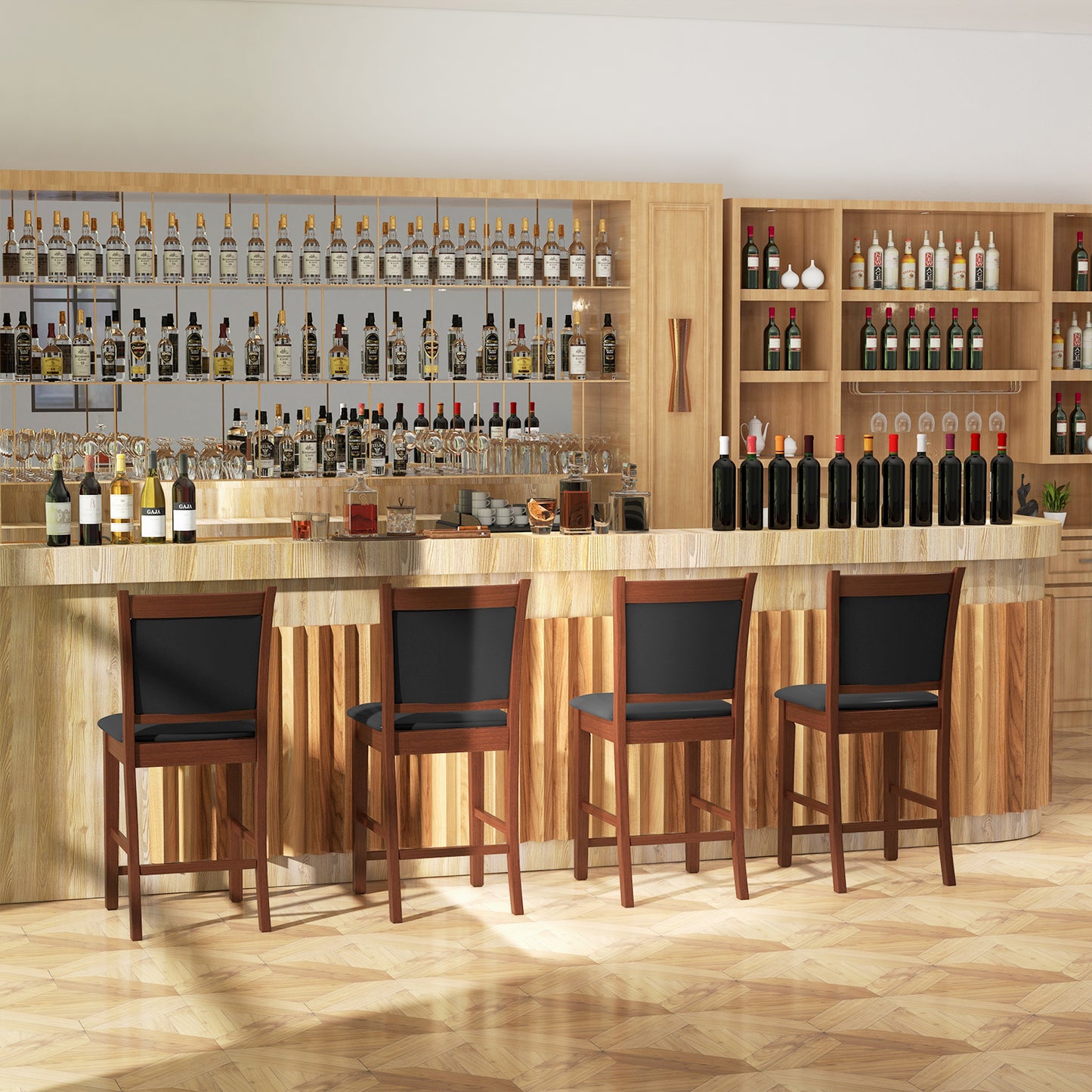 Counter Height Upholstered Bar Stools Set of 2 with Cushioned Seat and Solid Rubber Wood Frame