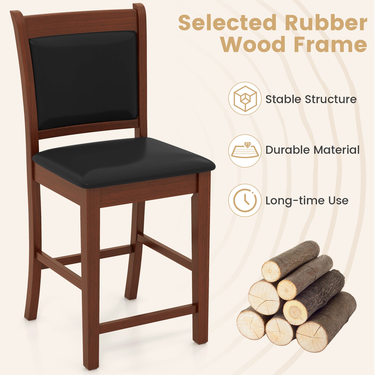 Counter Height Upholstered Bar Stools Set of 2 with Cushioned Seat and Solid Rubber Wood Frame