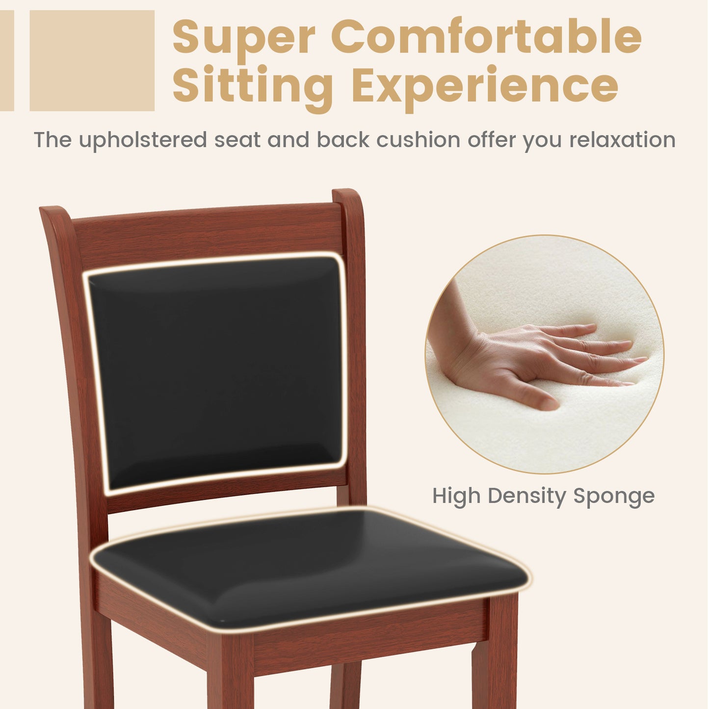Counter Height Upholstered Bar Stools Set of 2 with Cushioned Seat and Solid Rubber Wood Frame