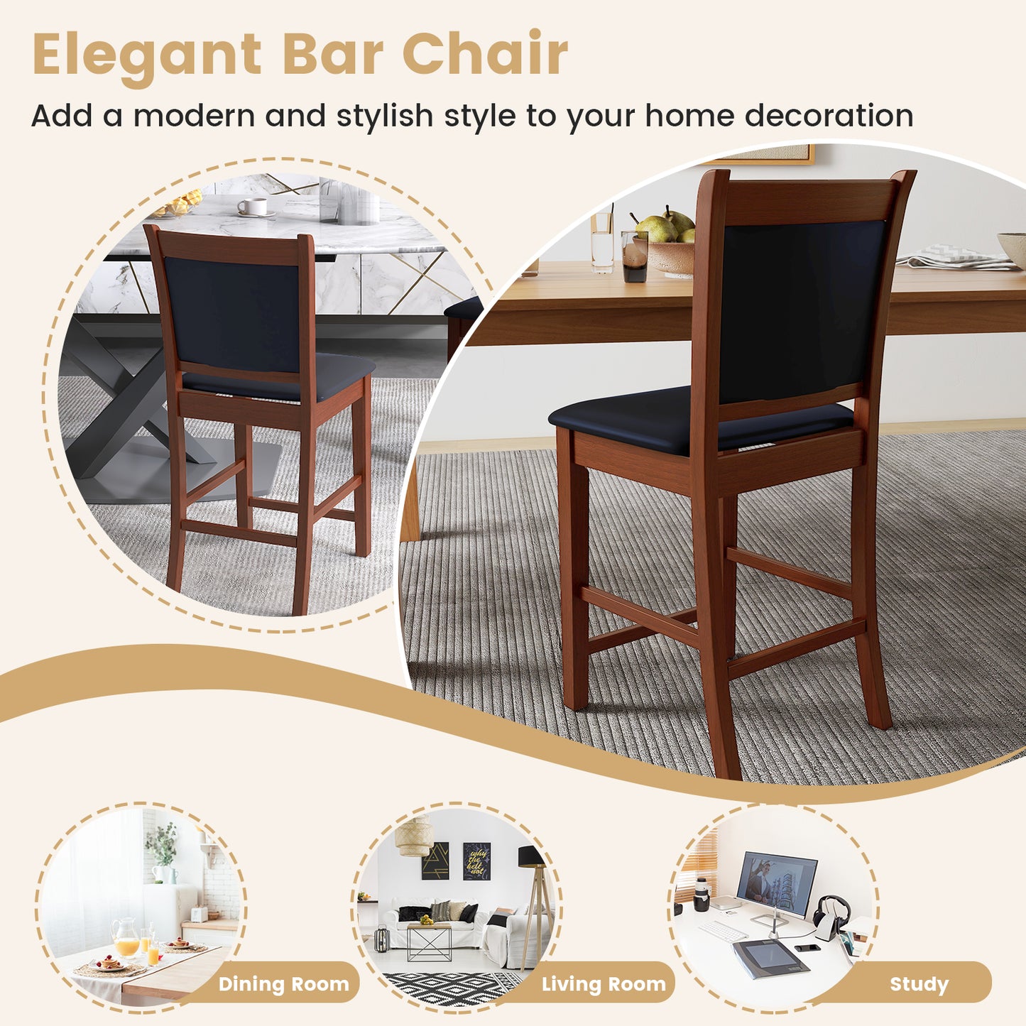 Counter Height Upholstered Bar Stools Set of 2 with Cushioned Seat and Solid Rubber Wood Frame