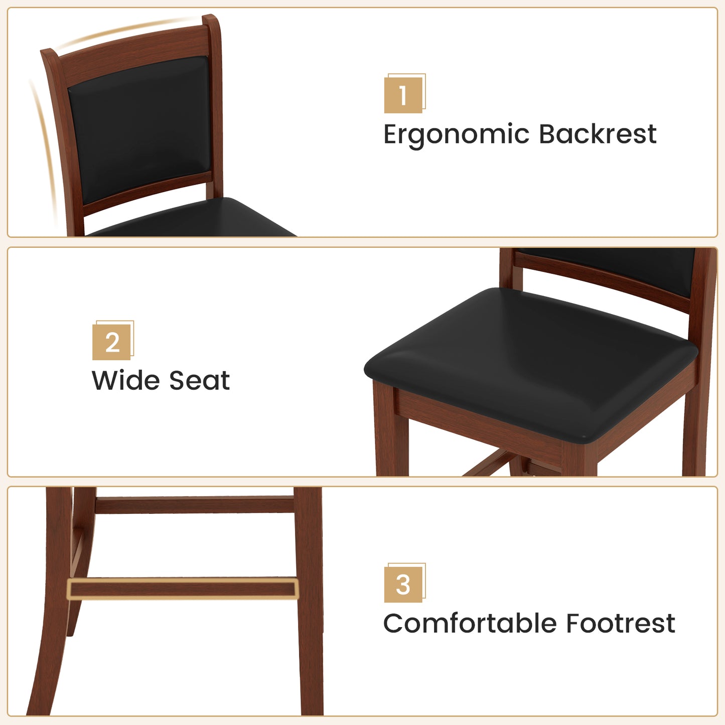 Counter Height Upholstered Bar Stools Set of 2 with Cushioned Seat and Solid Rubber Wood Frame