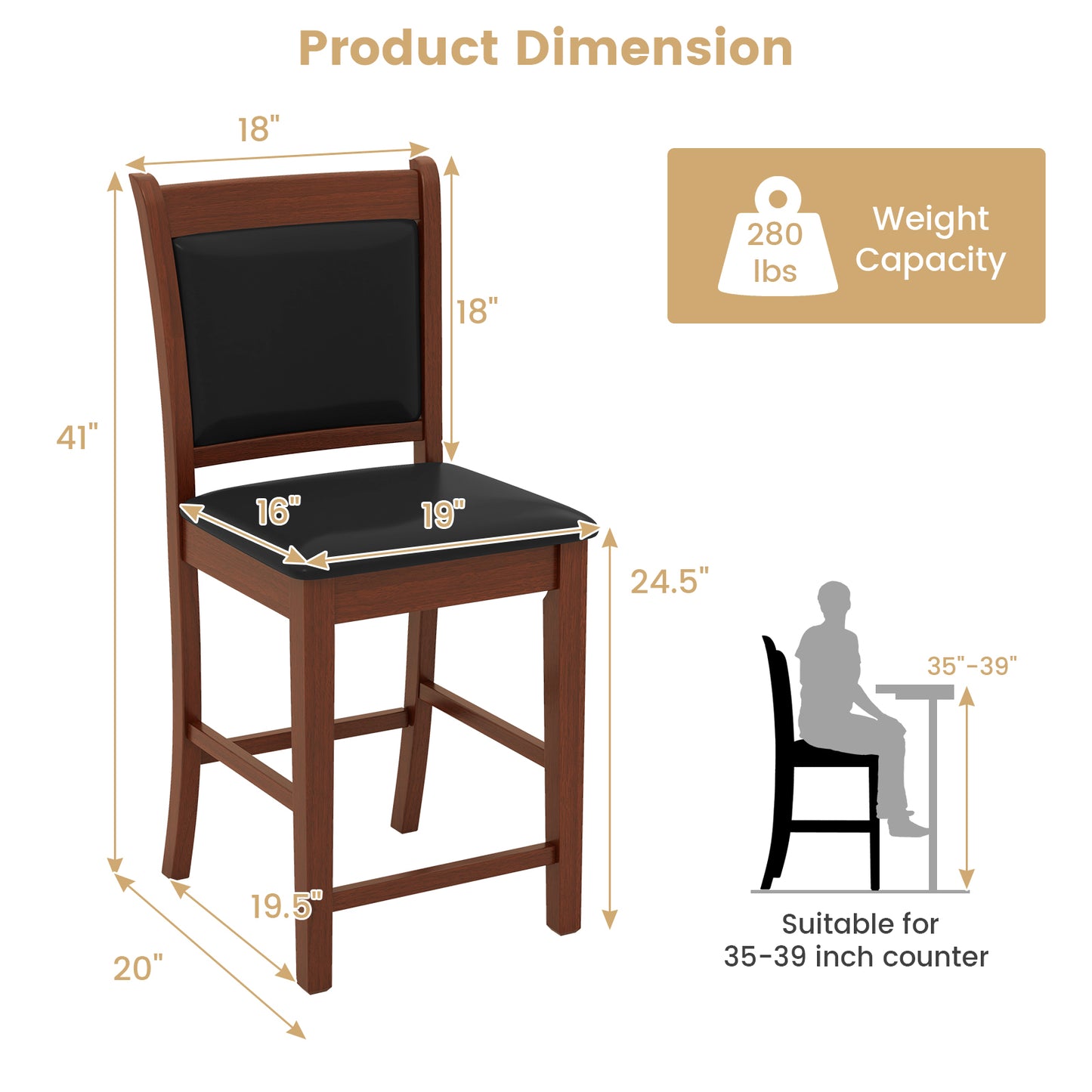 Counter Height Upholstered Bar Stools Set of 2 with Cushioned Seat and Solid Rubber Wood Frame