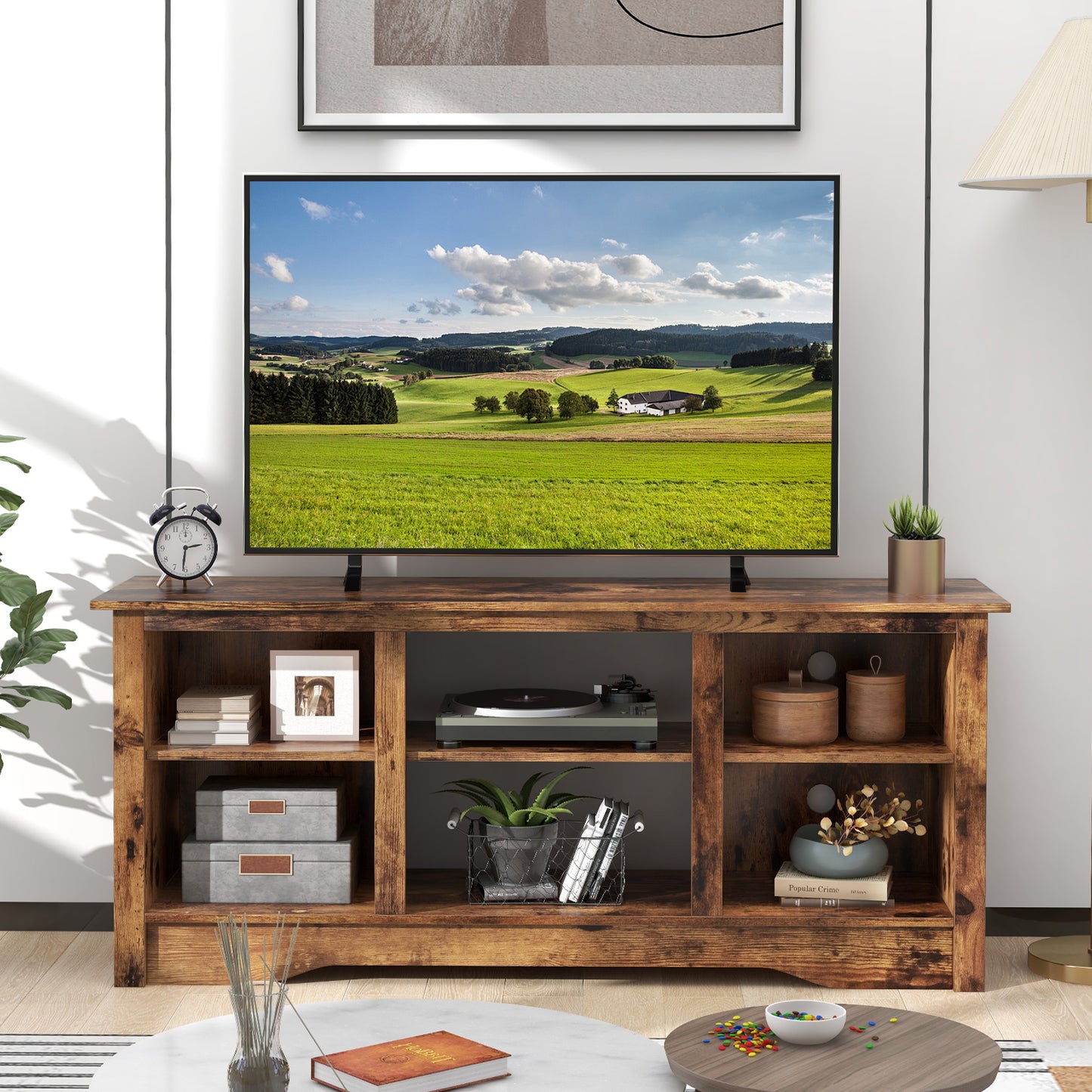 Entertainment Center with Adjustable Shelves for 65 Inch TVs and 18 Inch Fireplace Space - Rustic Brown