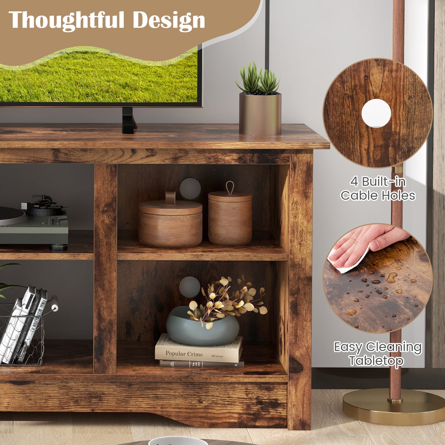 Entertainment Center with Adjustable Shelves for 65 Inch TVs and 18 Inch Fireplace Space - Rustic Brown