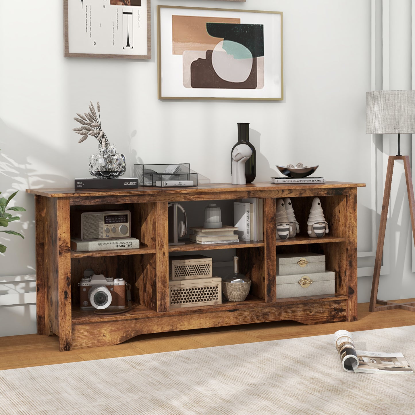 Entertainment Center with Adjustable Shelves for 65 Inch TVs and 18 Inch Fireplace Space - Rustic Brown
