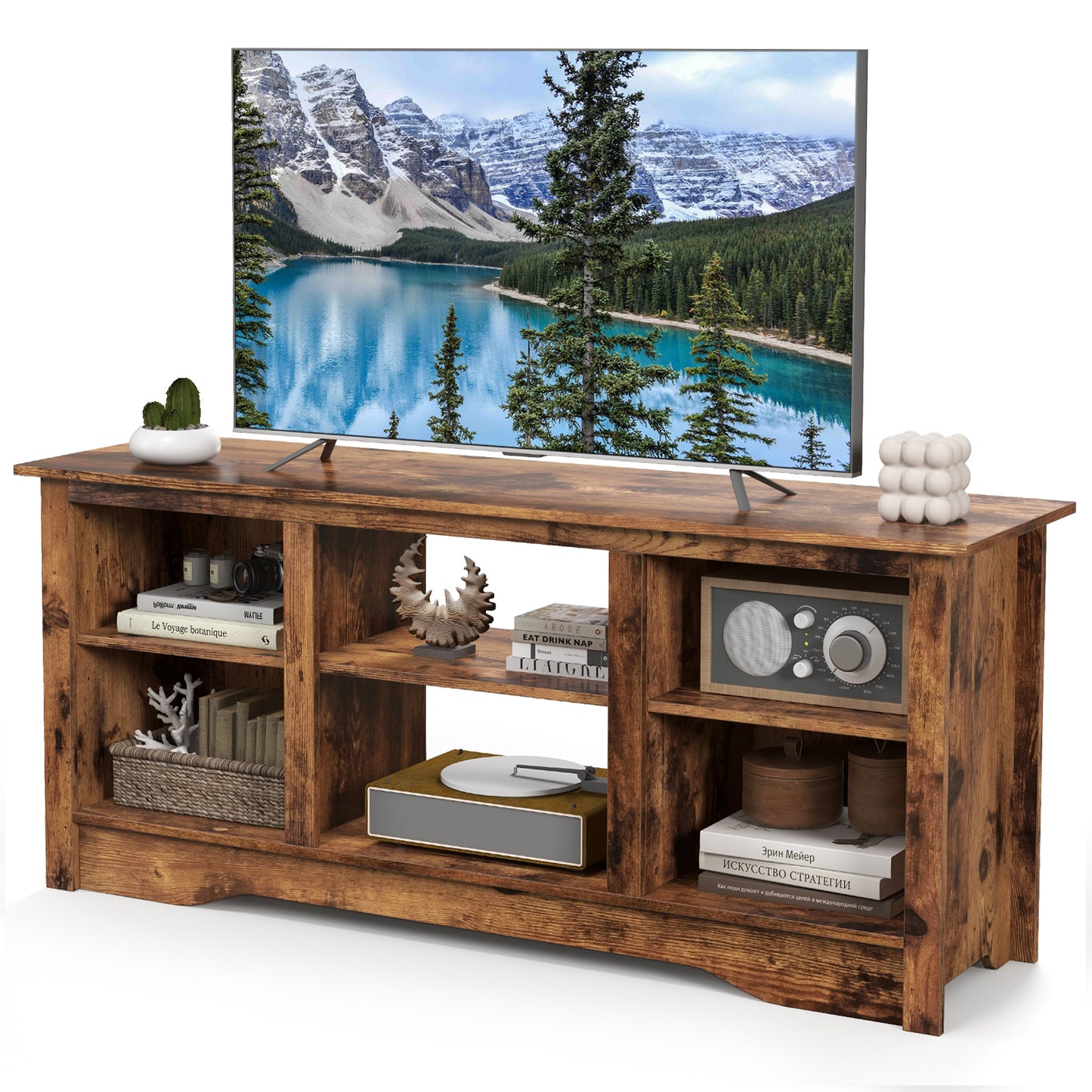 Entertainment Center with Adjustable Shelves for 65 Inch TVs and 18 Inch Fireplace Space - Rustic Brown