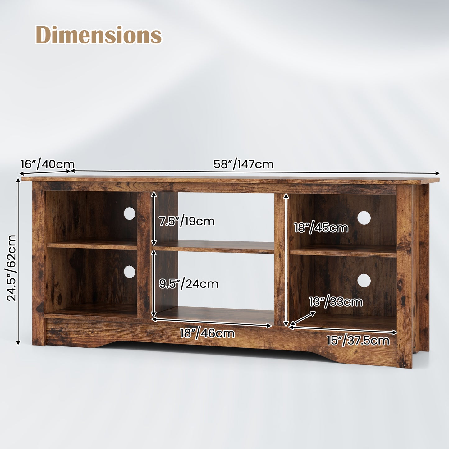 Entertainment Center with Adjustable Shelves for 65 Inch TVs and 18 Inch Fireplace Space - Rustic Brown