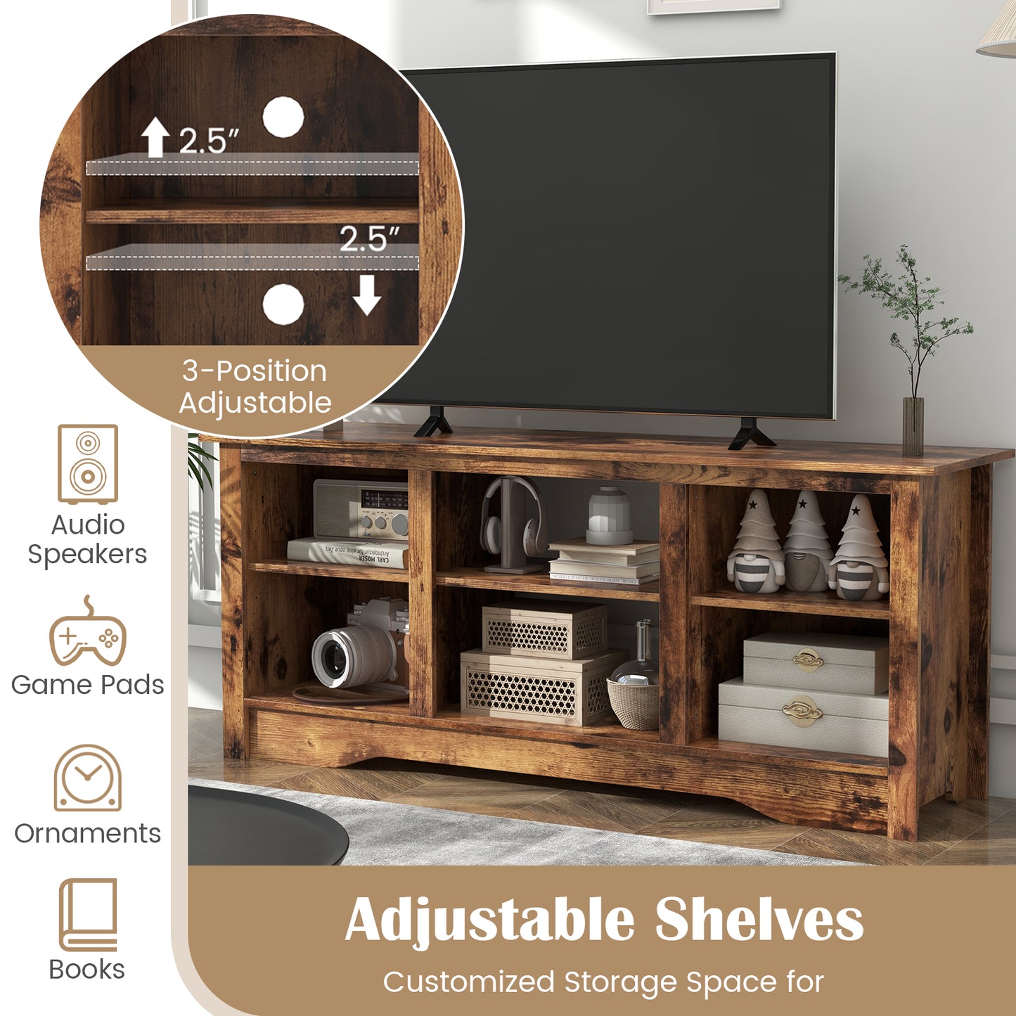 Entertainment Center with Adjustable Shelves for 65 Inch TVs and 18 Inch Fireplace Space - Rustic Brown