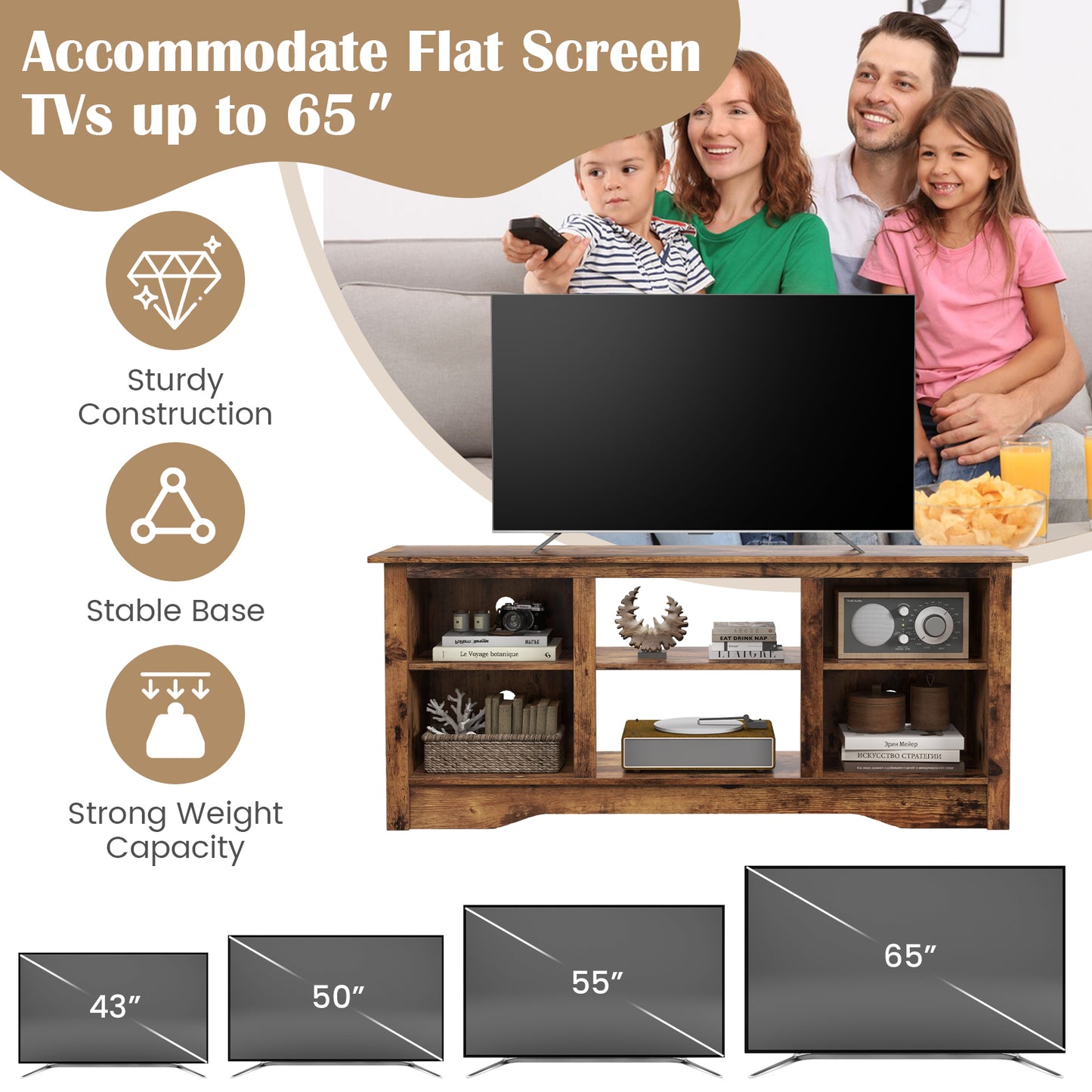 Entertainment Center with Adjustable Shelves for 65 Inch TVs and 18 Inch Fireplace Space - Rustic Brown