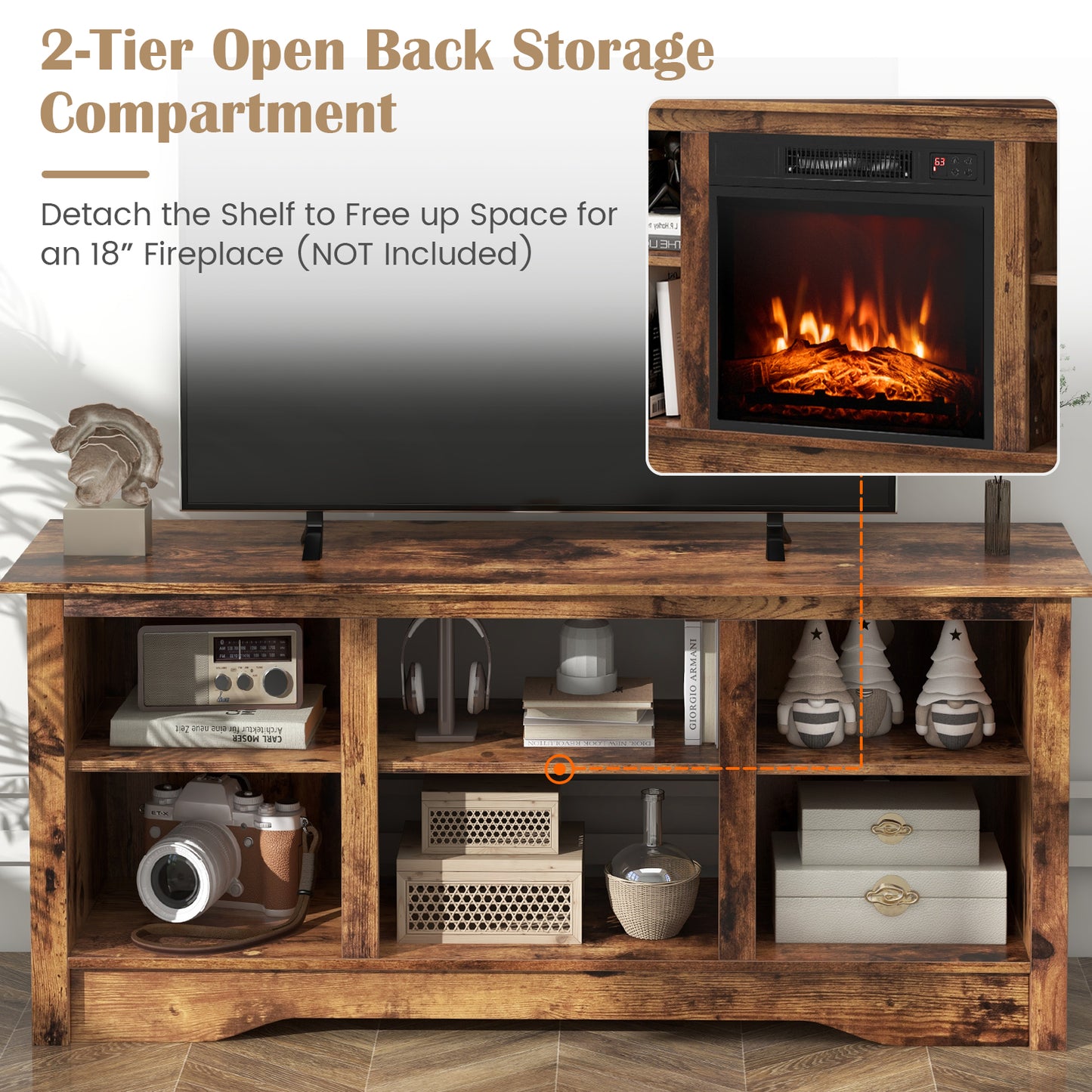 Entertainment Center with Adjustable Shelves for 65 Inch TVs and 18 Inch Fireplace Space - Rustic Brown